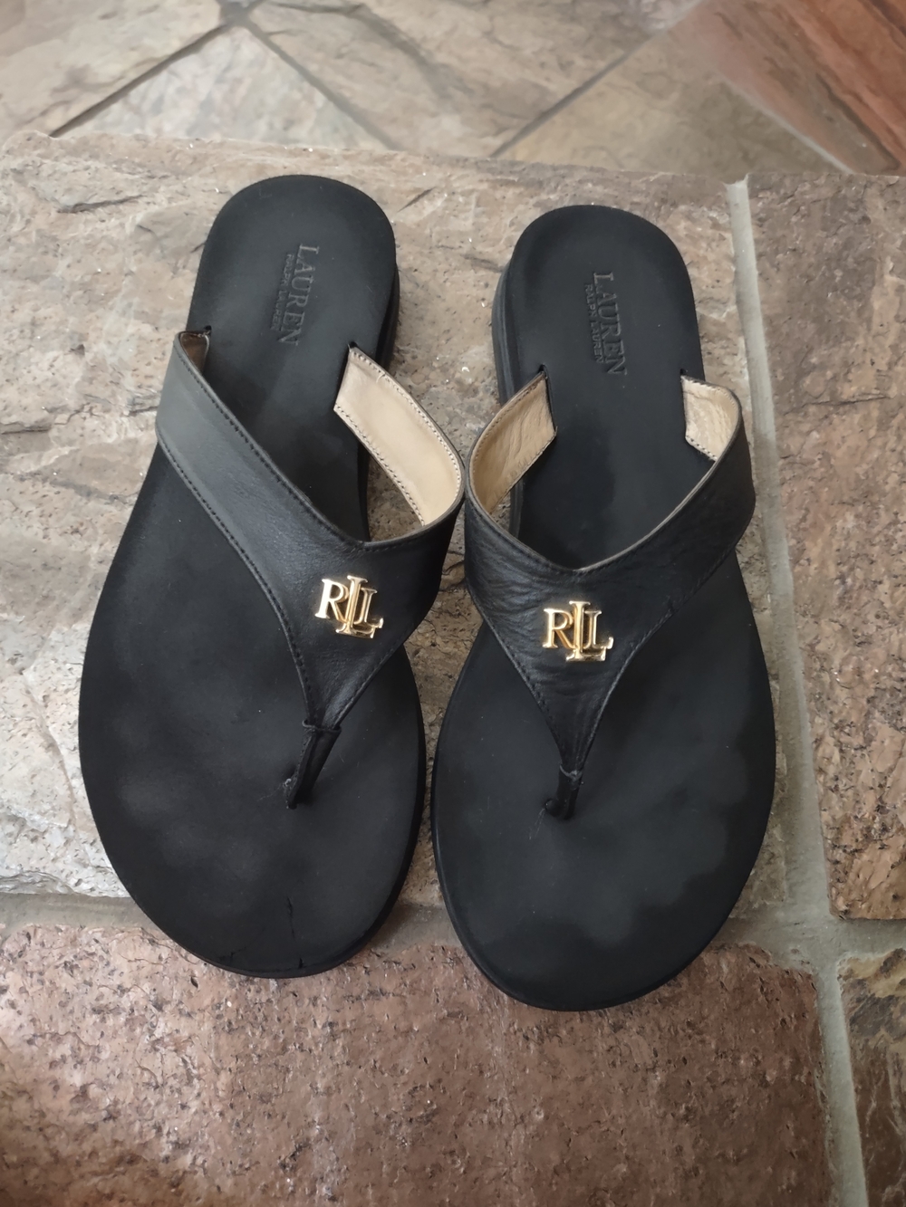 Lauren Ralph Lauren Black Leather Logo Thong Sandals with Gold RLL Emblem